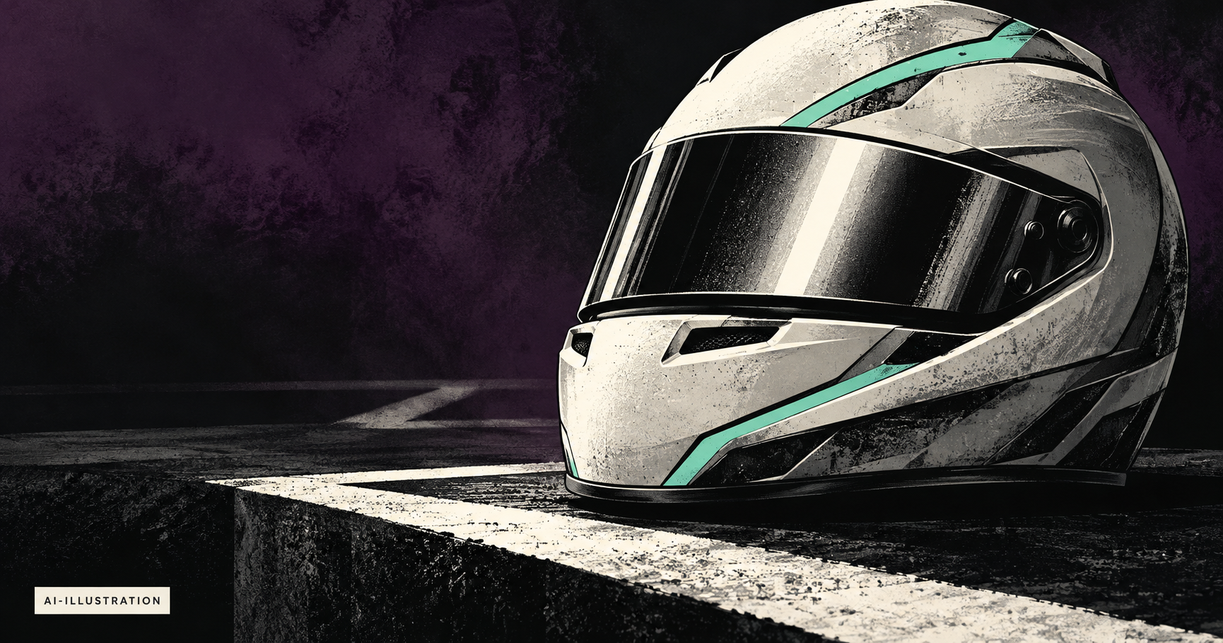 Racinghjälm i silver och mint på en mörk sockel med vita linjer. AI-illustration.