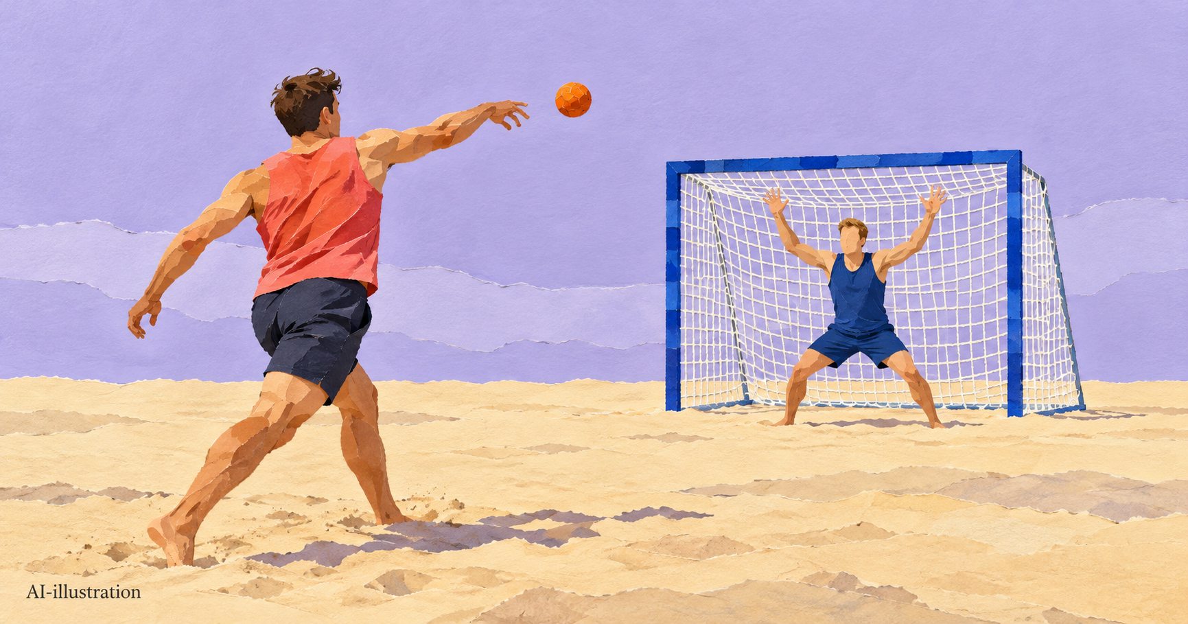 Illustrerad beachhandboll: en barfota anfallare kastar en orange boll mot en målvakt på sand.