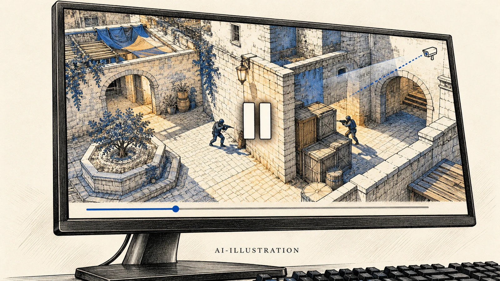 Illustrerad skärm med en fiktiv taktisk spelmiljö, paussymbol och kameravy. AI-illustration.