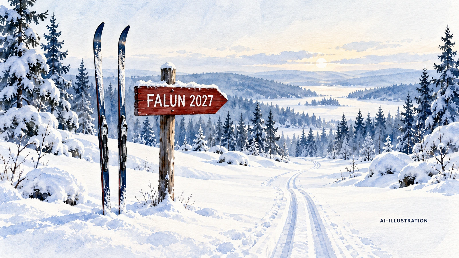 Två skidor i snön vid en röd skylt med texten Falun 2027, målade i blå akvarell. AI-illustration.