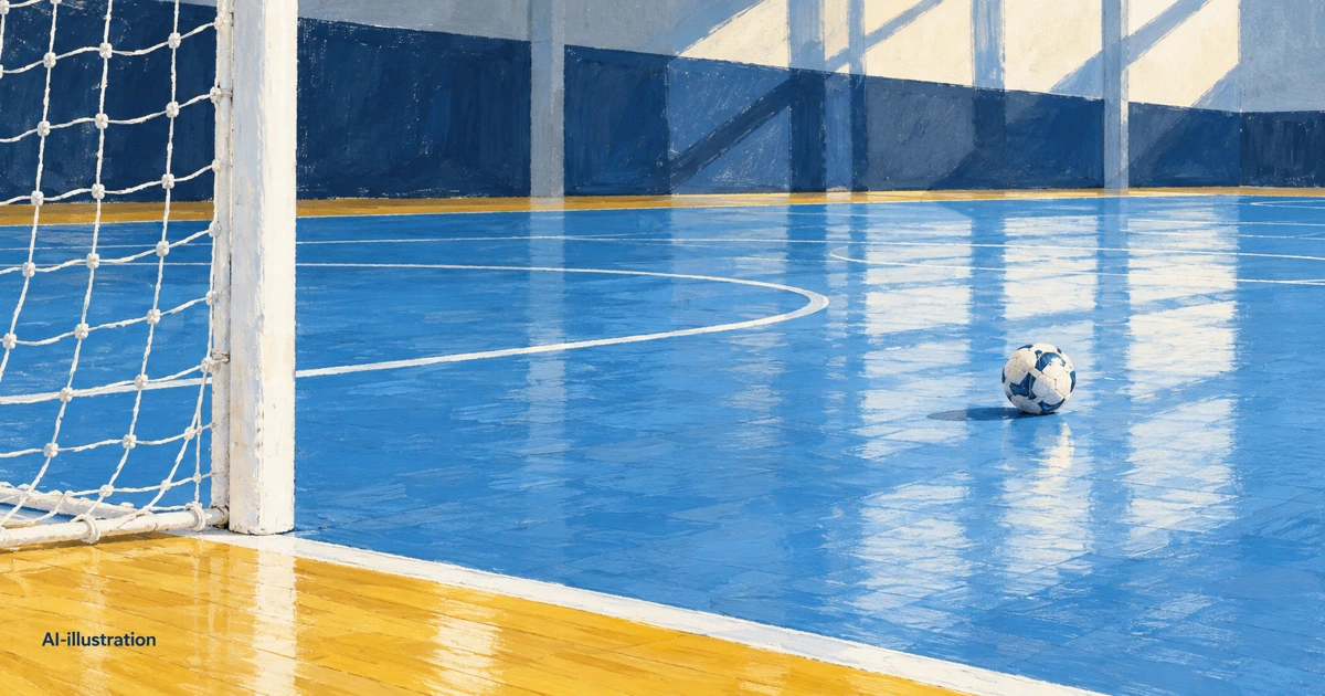 Målad illustration av ett futsalmål och en vit boll på ett blått inomhusgolv i dagsljus.