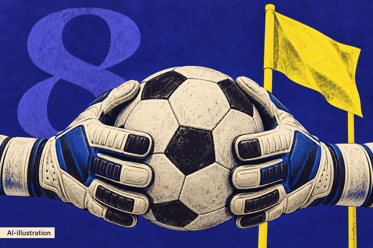 Två målvaktshandskar håller en fotboll framför siffran åtta och en gul hörnflagga. AI-illustration.