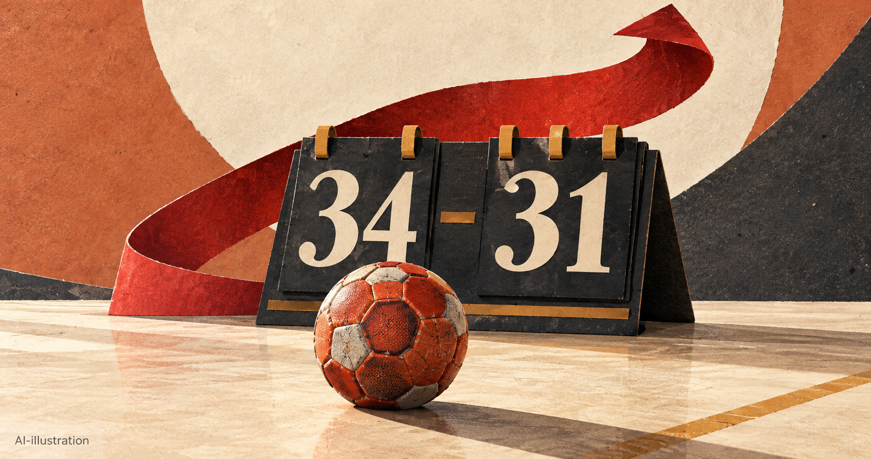 Konceptuell illustration med en handboll, resultattavlan 34–31 och ett uppåtgående rött band som symboliserar Tysklands vändning.