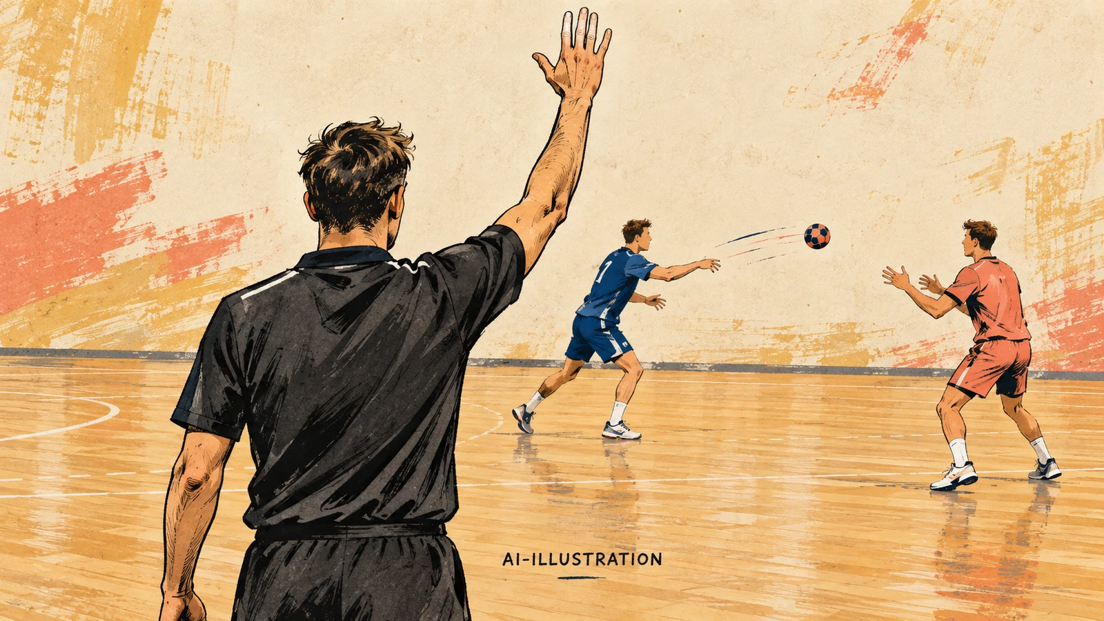 Illustrerad handbollsdomare med uppsträckt arm medan spelare passar en boll på planen. AI-illustration.