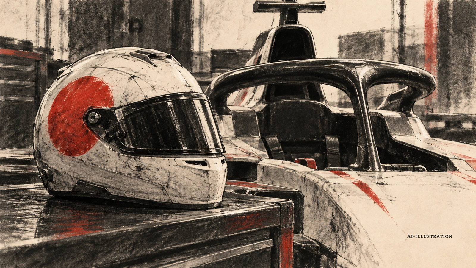 Tecknad vit racinghjälm med röd detalj vid en tom formelbilscockpit. AI-illustration.