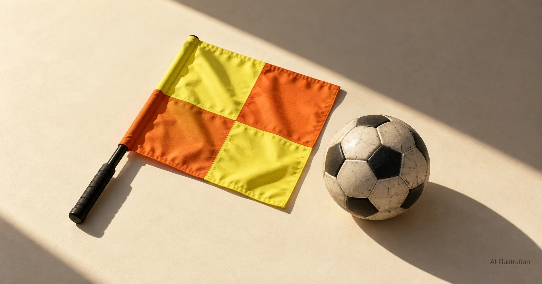 En gulorange assisterande domarflagga och en fotboll i ett ljust, arrangerat stilleben.