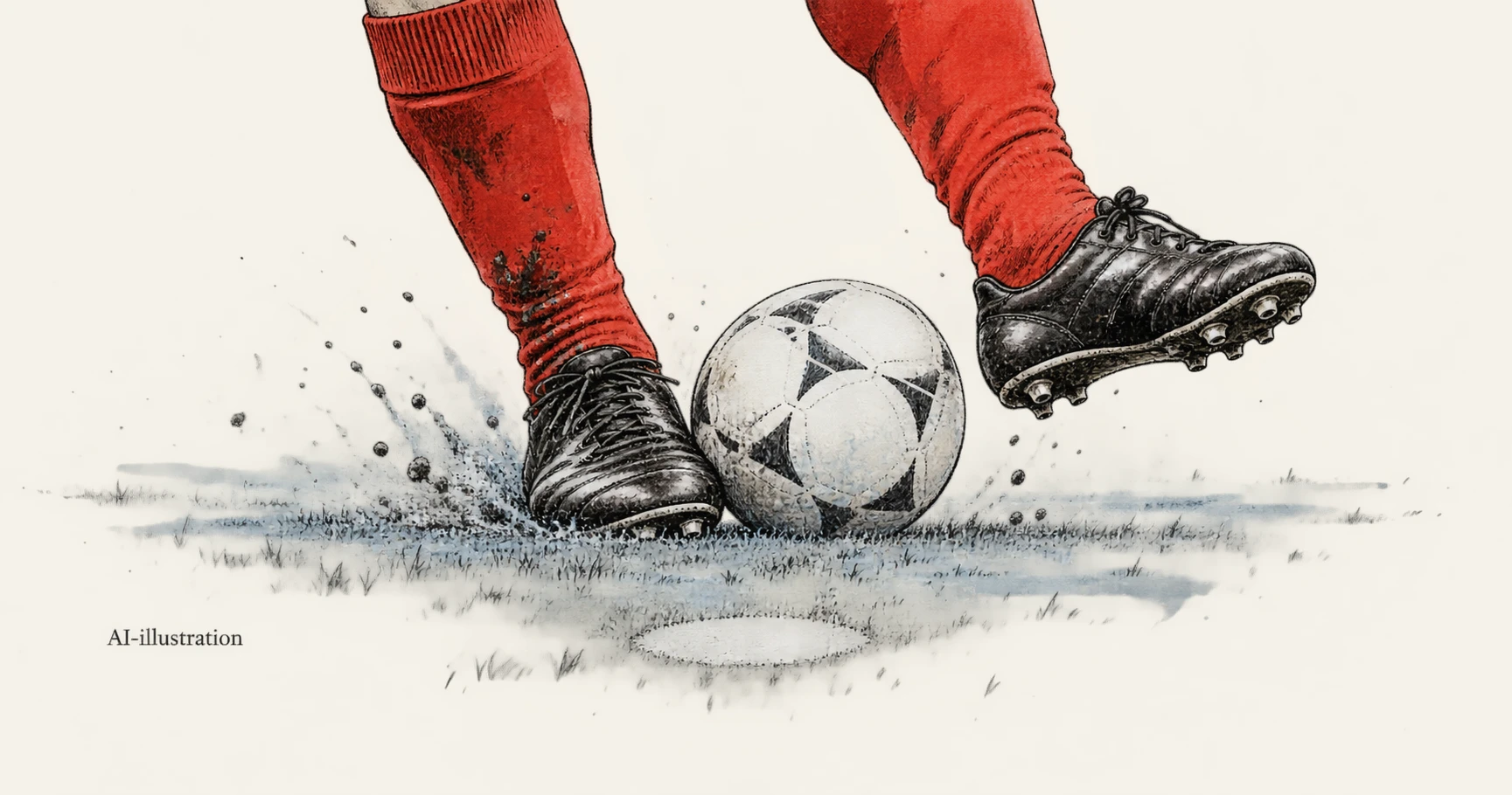 Tecknad närbild av två fotbollsskor och en boll vid en straffspark, med rött och svart tuschuttryck.