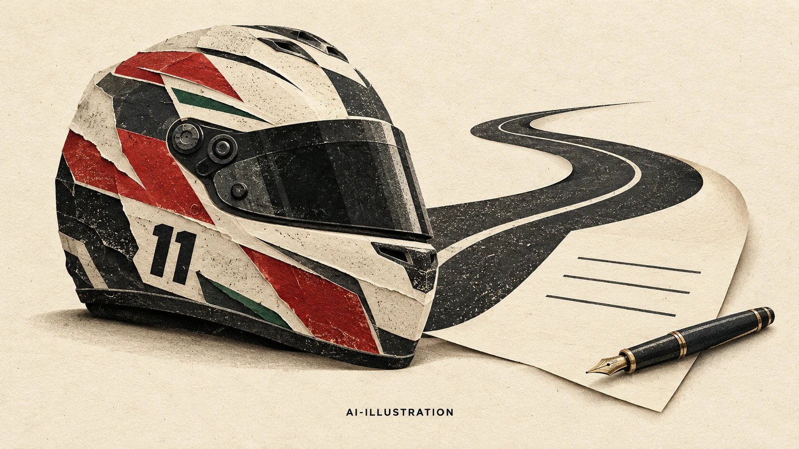 Klippappersillustration av en racinghjälm med mexikanska färger och nummer 11 intill en väg som övergår i ett kontrakt. AI-illustration.