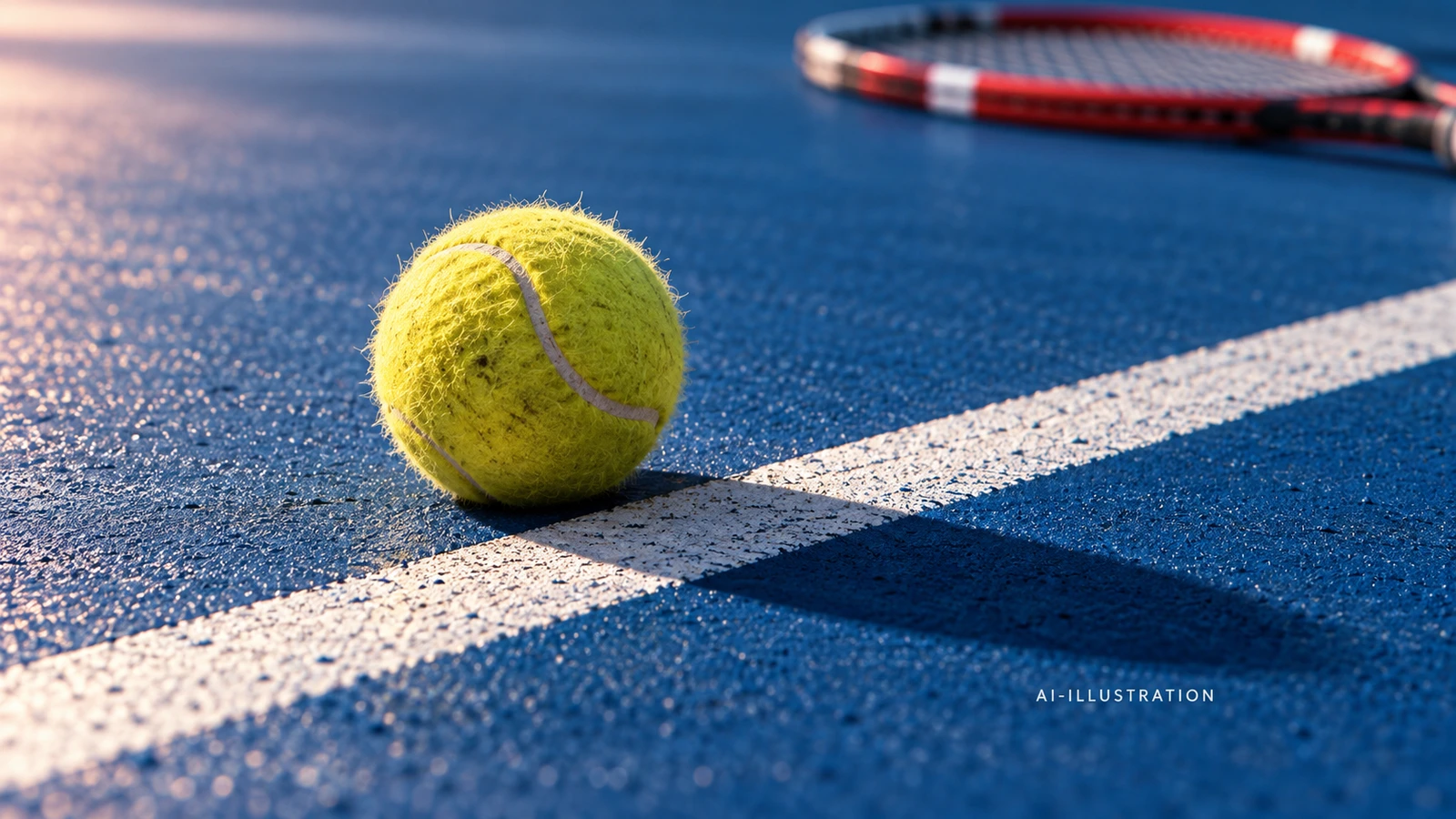 Tennisboll intill en vit linje på blå hardcourt, med ett rödvitt racket i bakgrunden. AI-illustration.