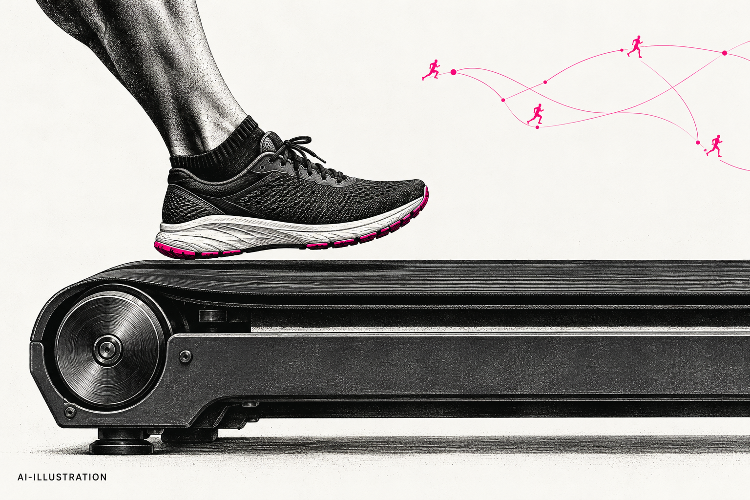 Grafisk närbild av en löparsko över ett löpbands svarta band, med magenta detaljer. AI-illustration.