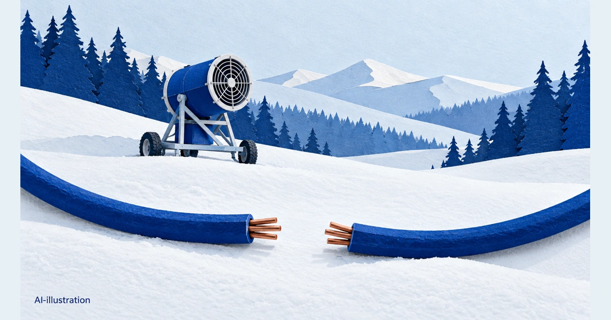 Papperscollage med en avbruten kabel i snön och en stillastående snökanon i bakgrunden. AI-illustration.