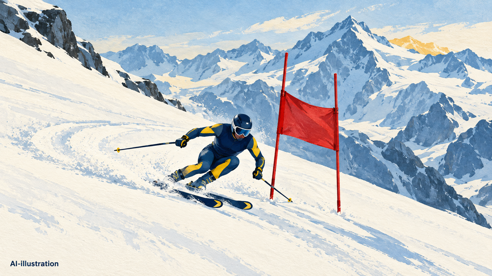 Målad illustration av en alpin skidåkare som svänger vid en röd storslalomport i ett snöigt bergslandskap.