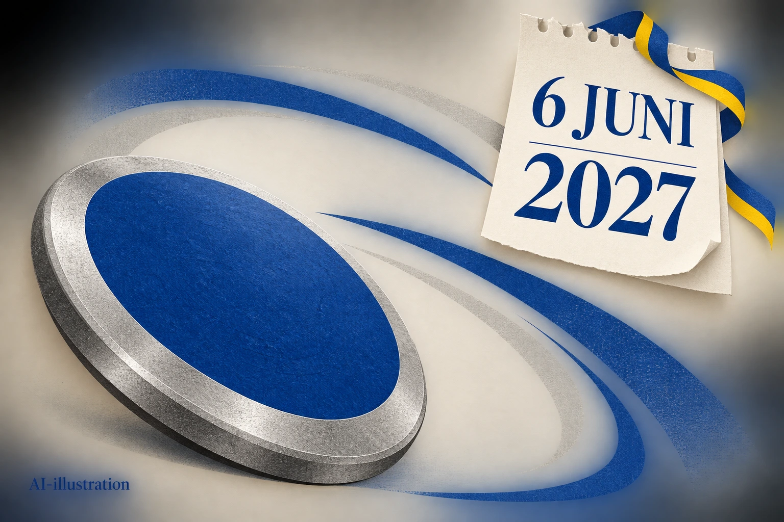 Blå diskus med metallkant och ett kalenderblad för 6 juni 2027 i en papperscollageillustration.