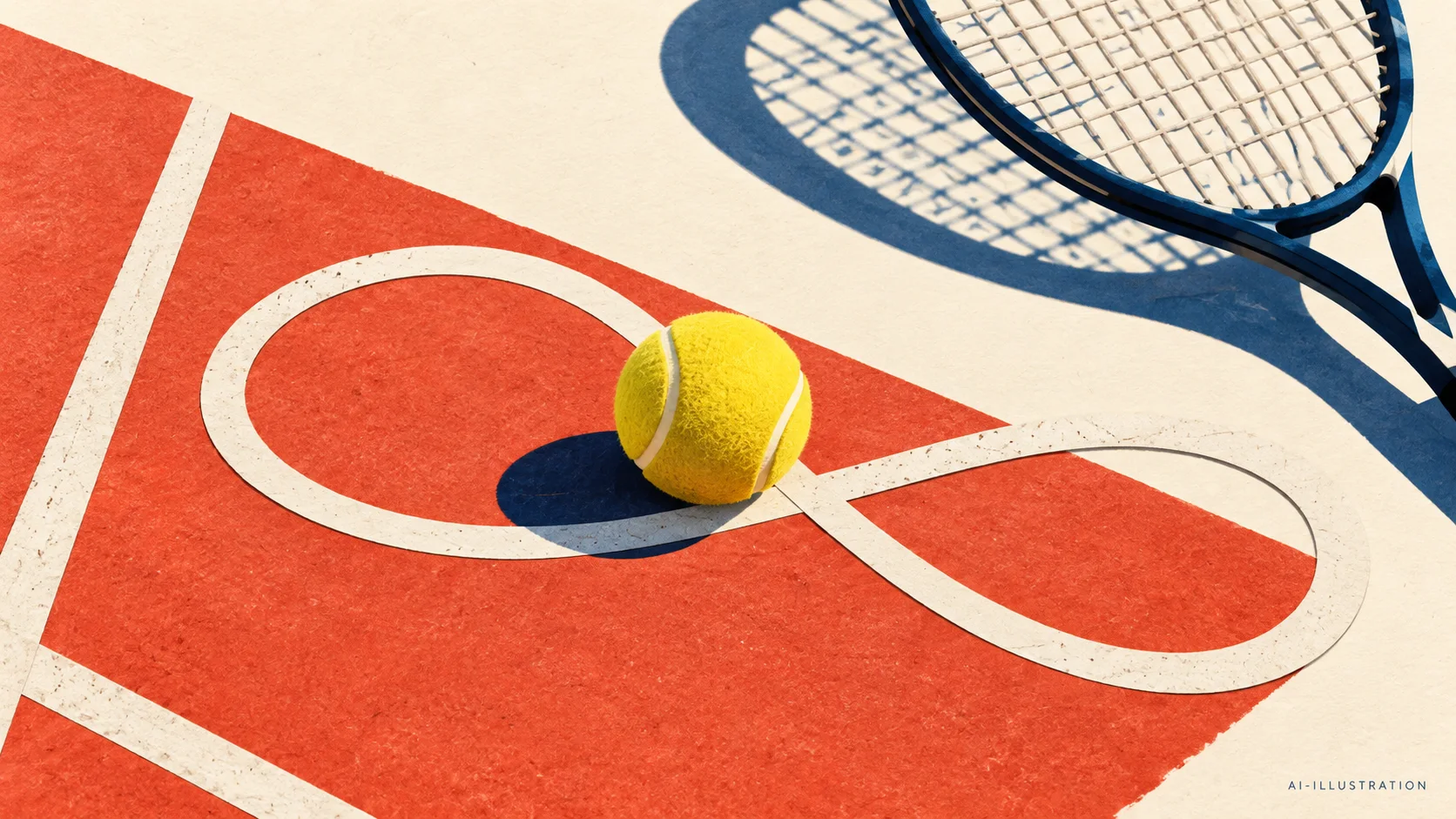 Tennisboll och racket i ett papperscollage med en slingrande vit linje.
