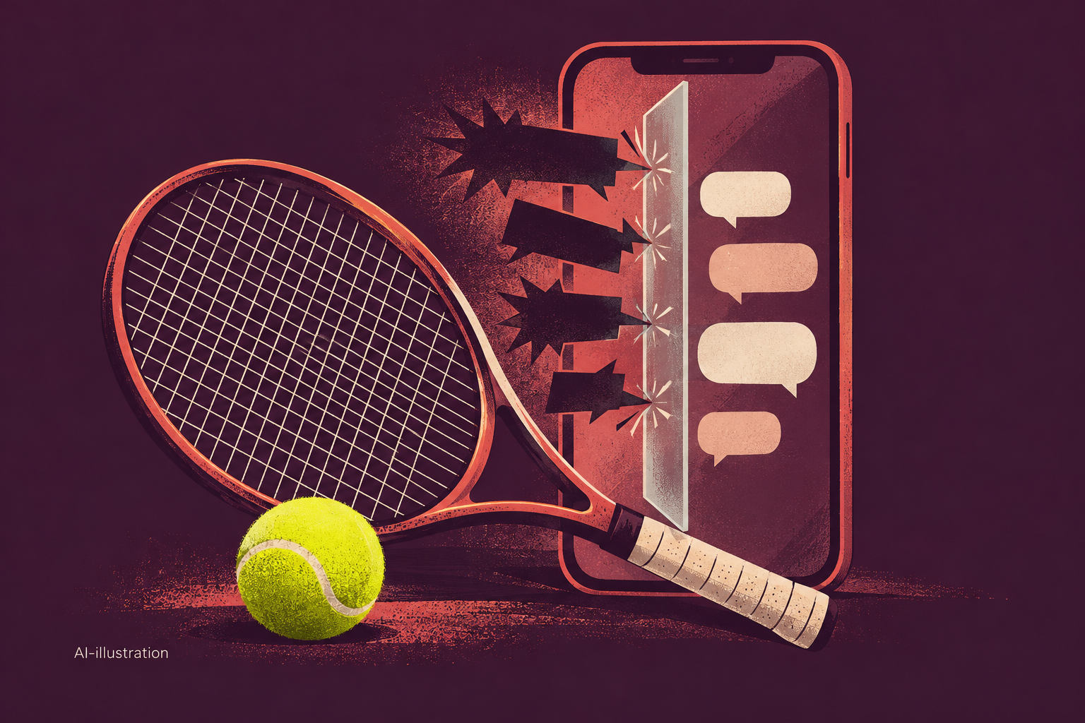 Konceptuell illustration med tennisboll, racket och mobiltelefon där mörka pratbubblor stoppas av ett skyddande filter.