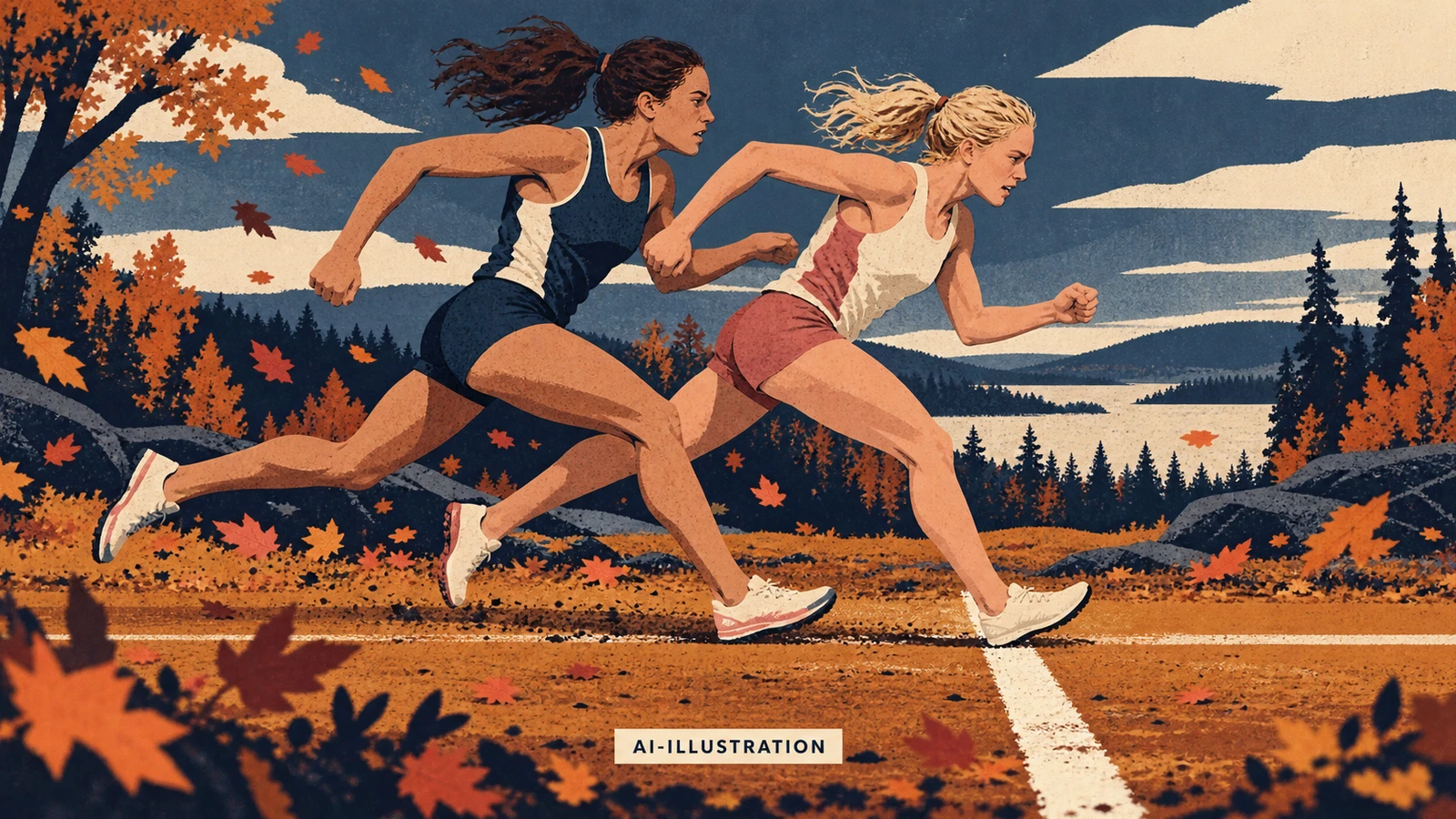 Papperscollage med två fiktiva terränglöpare i en jämn spurt mot mållinjen. AI-illustration.