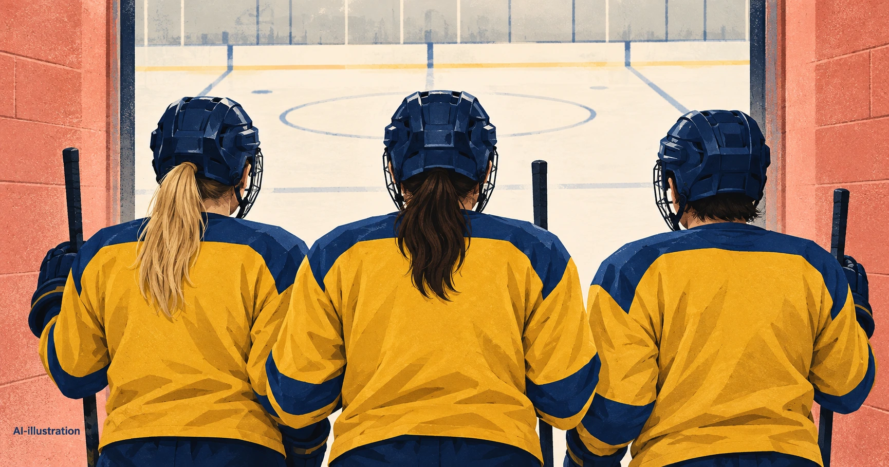 Illustration av tre kvinnliga ishockeyspelare i gula tröjor och blå hjälmar på väg från spelargången mot isen.