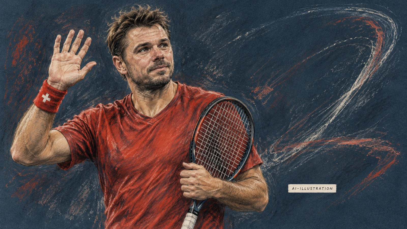 Tecknad hyllning till Stan Wawrinka med racket under armen och höjd hand till avsked. AI-illustration.