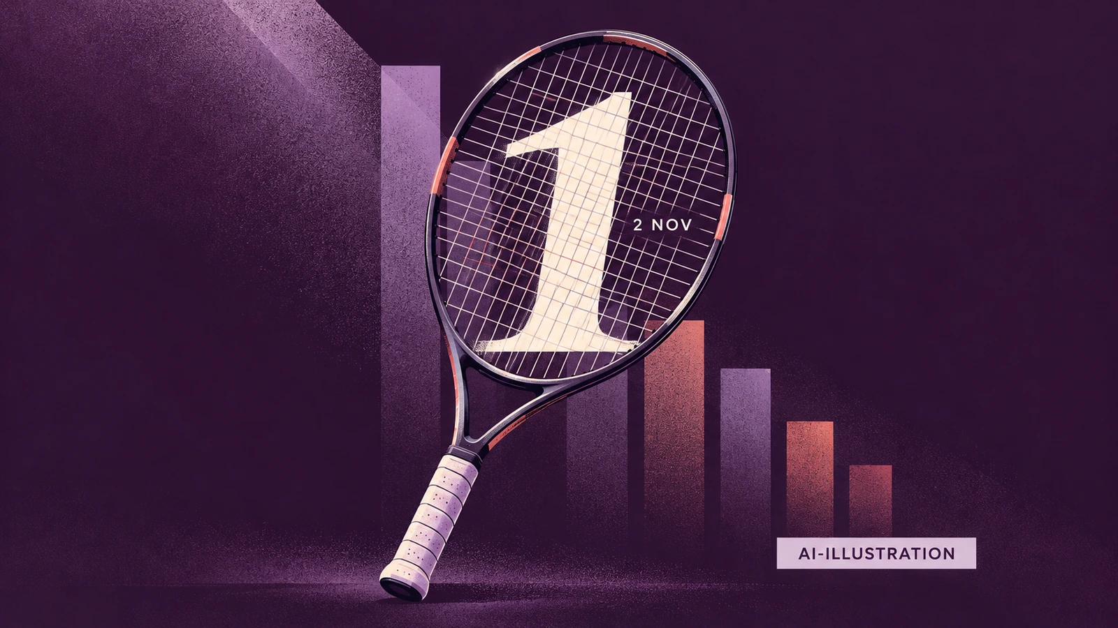 Illustrerat tennisracket med siffran ett och datumet 2 NOV mot en lila bakgrund. AI-illustration.